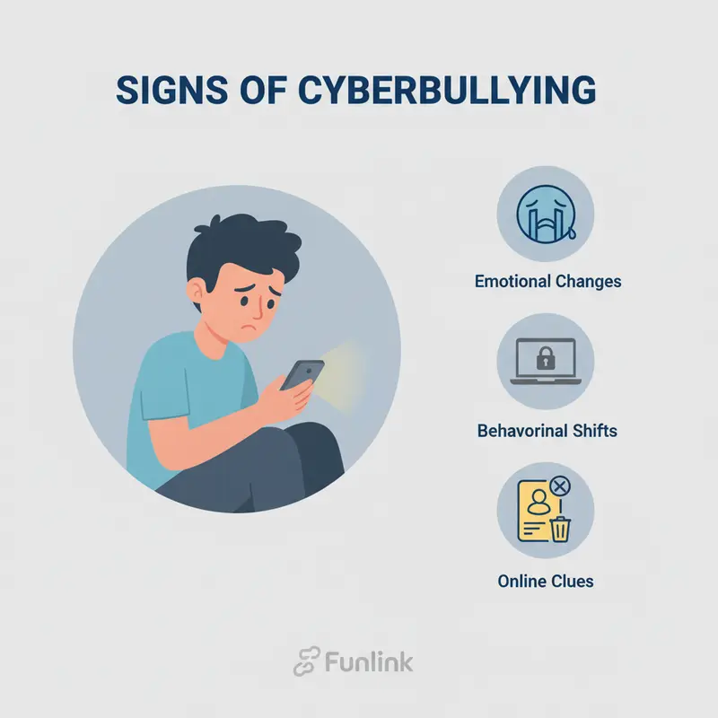 Infographic các dấu hiệu một đứa trẻ bị bắt nạt trên mạng, bao gồm thay đổi cảm xúc và hành vi.