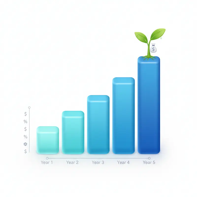 Biểu đồ cột thể hiện sự tăng trưởng của khoản tiền tiết kiệm theo thời gian