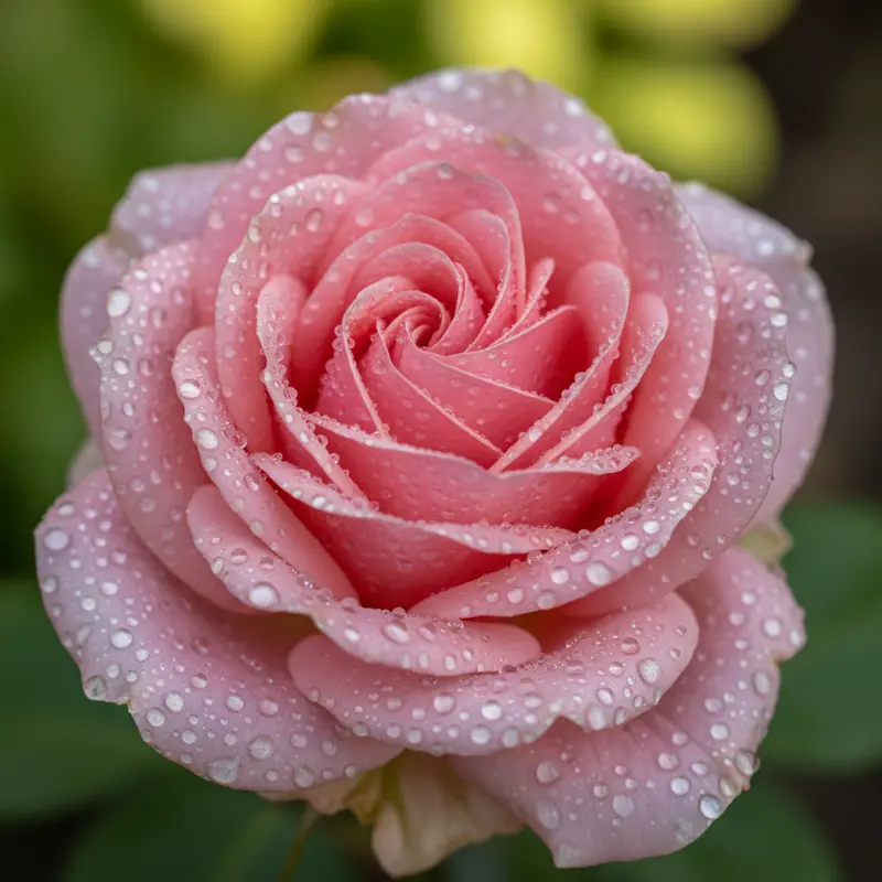 Cận cảnh một bông hoa hồng màu hồng phấn đang nở rộ, những giọt sương còn đọng trên cánh hoa.