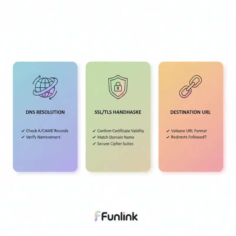 Infographic checklist sửa lỗi branded link bị lỗi: kiểm tra DNS, SSL và link gốc.