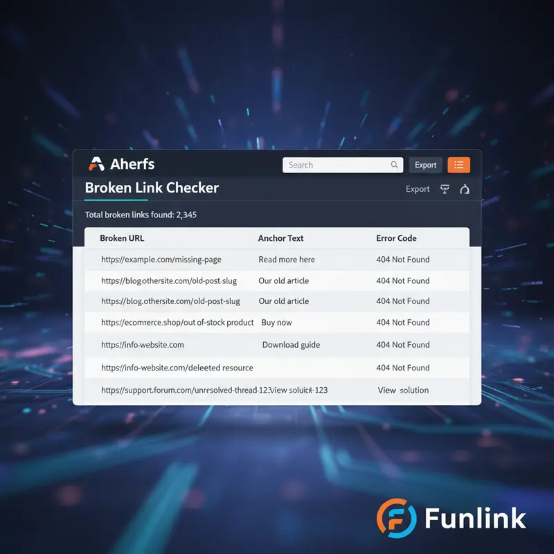 Check broken link bằng công cụ Ahrefs với danh sách URL lỗi 404 được hiển thị.