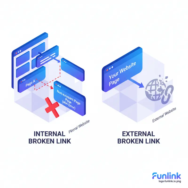 Sơ đồ minh họa sự khác biệt giữa internal và external broken link trong cấu trúc website.