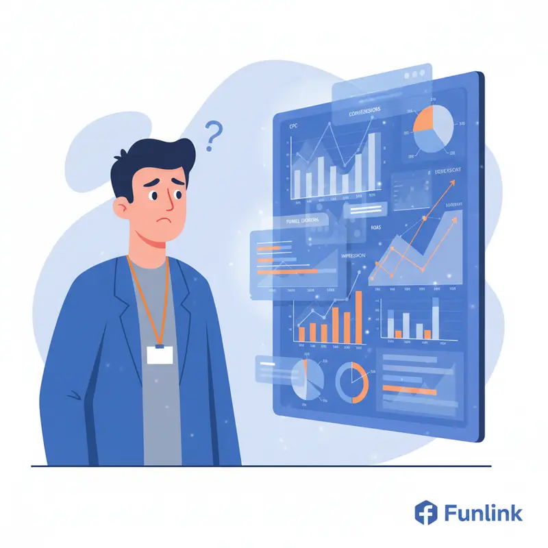 Một marketer bối rối phân tích các chỉ số quảng cáo trên màn hình.