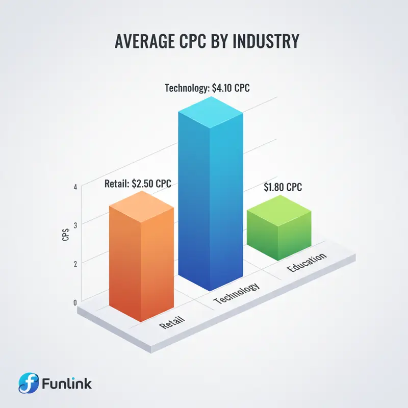 Biểu đồ cột so sánh các chỉ số quảng cáo CPC trung bình giữa các ngành.