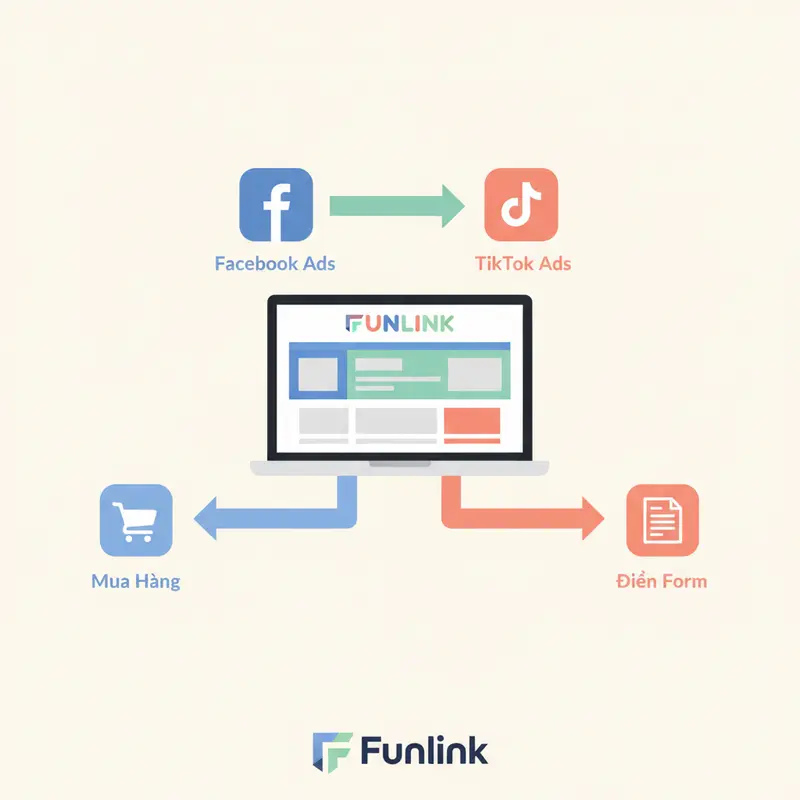 Sơ đồ luồng người dùng sử dụng các loại link trong quảng cáo để dẫn đến Landing Page và chuyển đổi.