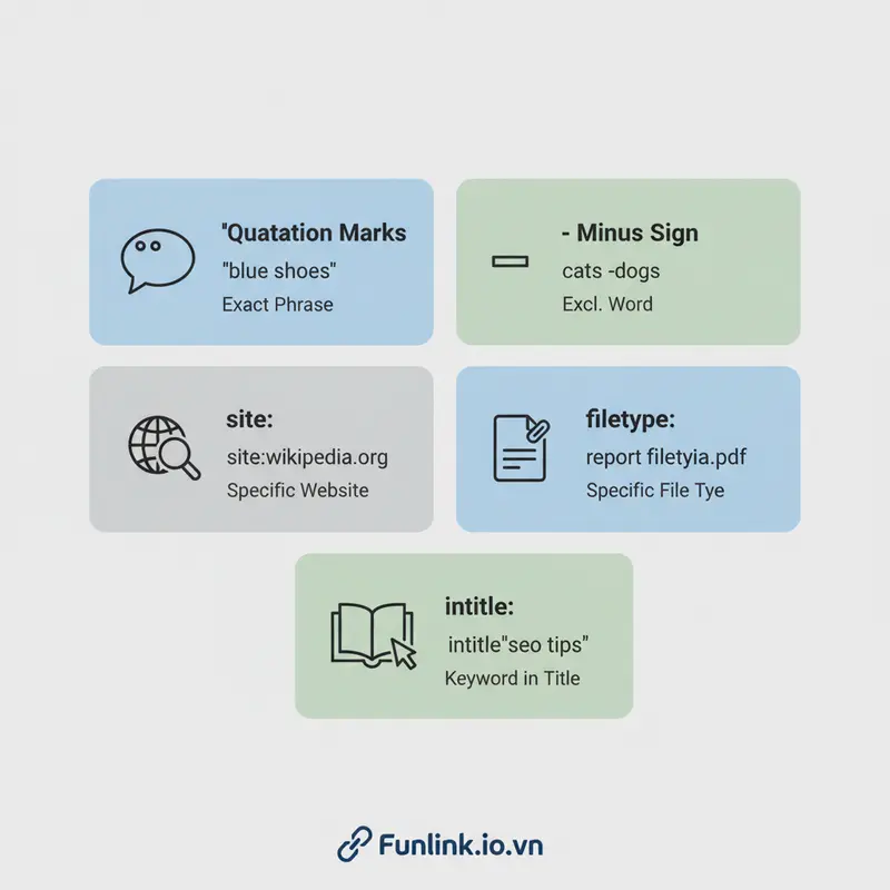 Bảng tóm tắt các toán tử tìm kiếm Google nâng cao như site:, filetype:, intitle: