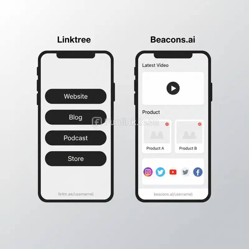 So sánh giao diện các trang web rút gọn link dạng bio-page: Linktree đơn giản và Beacons.ai đa năng.