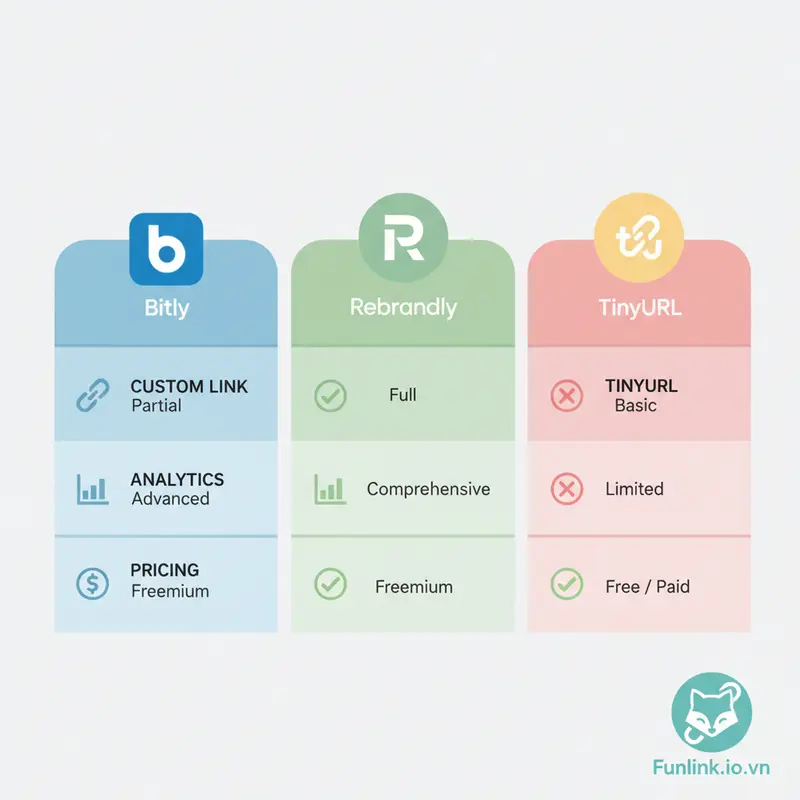 Bảng so sánh các trang web rút gọn link hàng đầu: Bitly, Rebrandly, TinyURL về tính năng và chi phí.
