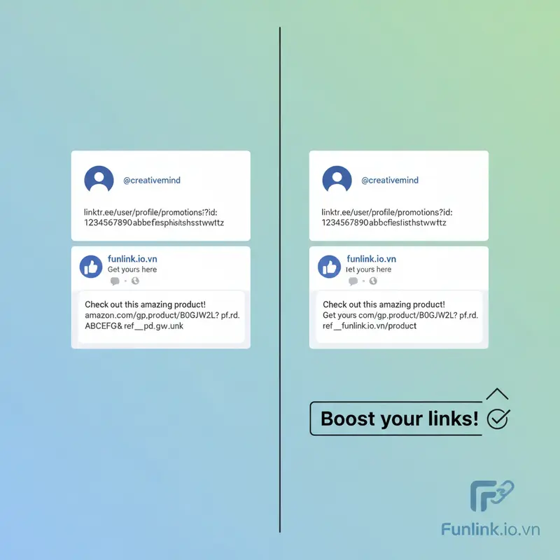 So sánh link bio Instagram trước và sau khi dùng các trang web rút gọn link, cho thấy sự gọn gàng và chuyên nghiệp hơn.