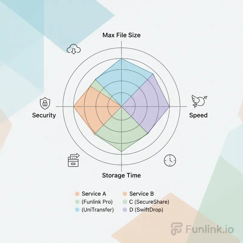 Biểu đồ so sánh các trang web thay thế WeTransfer dựa trên dung lượng, bảo mật và tốc độ.