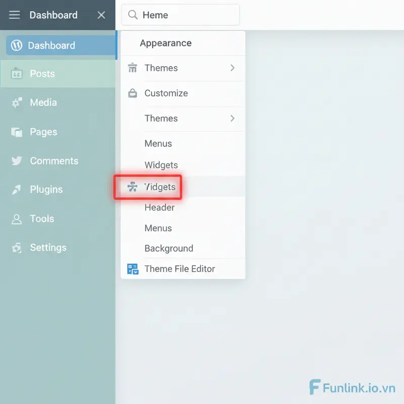 Cách cài theme wordpress - Tìm mục Giao diện (Appearance) trong menu Dashboard.