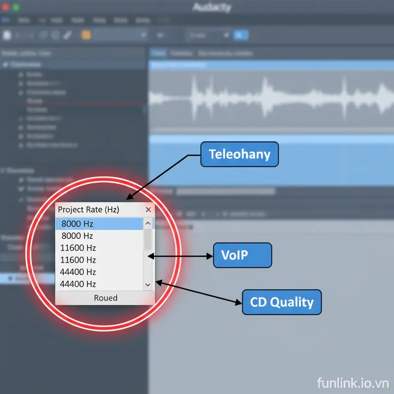 Chọn Project Rate 8000Hz khi chuyển MP3 sang WAV cho tổng đài điện thoại bằng Audacity.