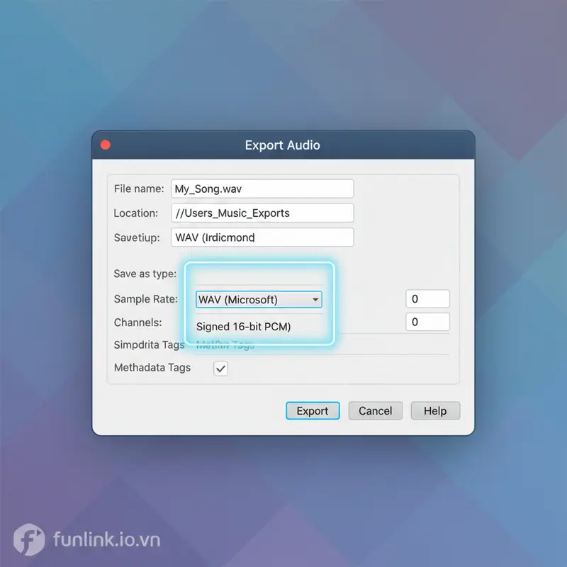 Hướng dẫn export file WAV với encoding Signed 16-bit PCM trong Audacity để chuyển đổi từ MP3.