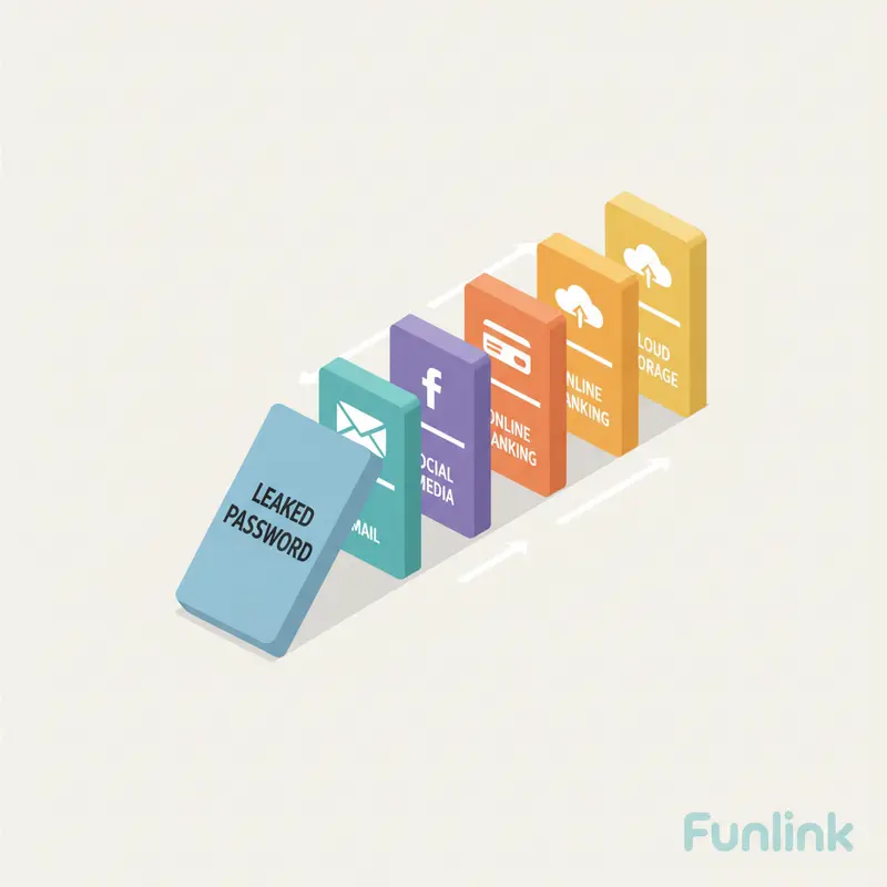 Cách đặt mật khẩu mạnh - sơ đồ hiệu ứng domino minh họa rủi ro khi một mật khẩu bị lộ.