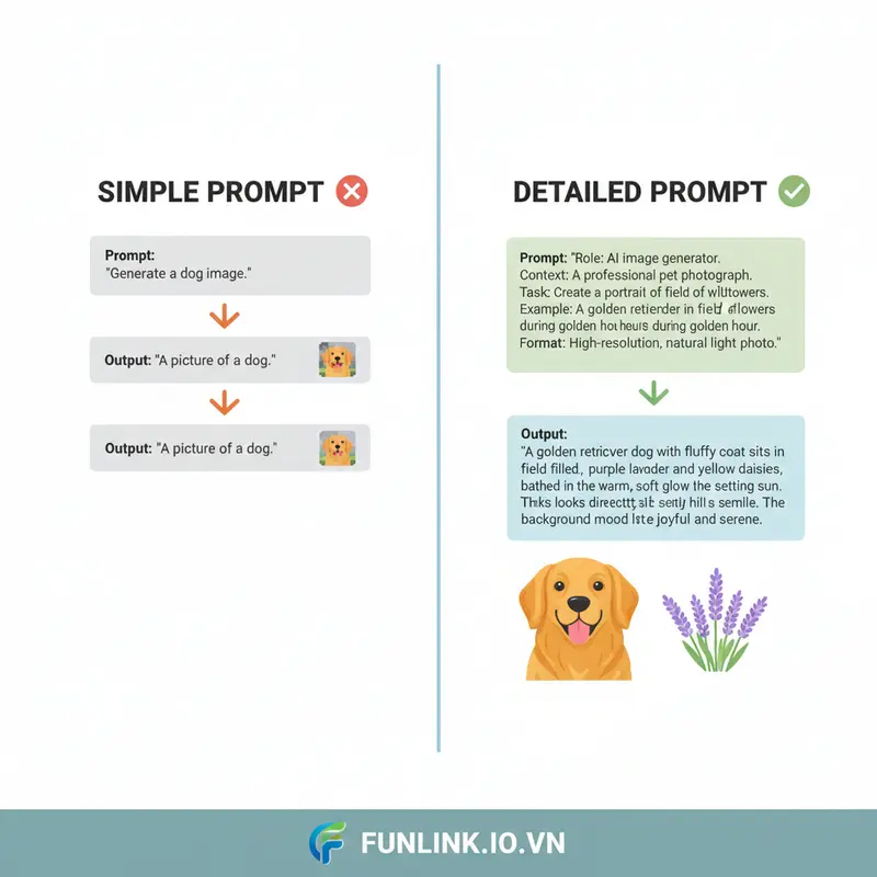 Cách dùng ChatGPT hiệu quả hơn bằng việc so sánh prompt đơn giản và prompt chi tiết.