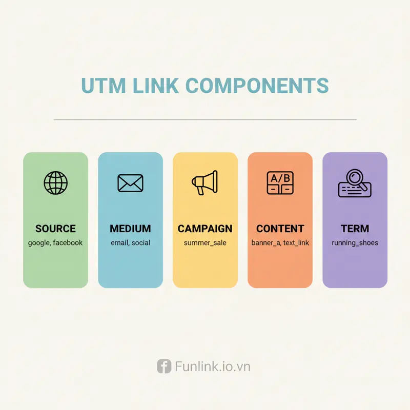 Infographic giải thích 5 thành phần của cách dùng UTM: Source, Medium, Campaign, Content, và Term.