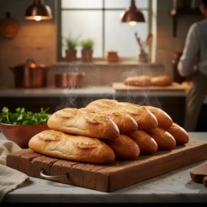 Những ổ bánh mì vàng giòn, thơm phức vừa ra lò được xếp ngay ngắn.