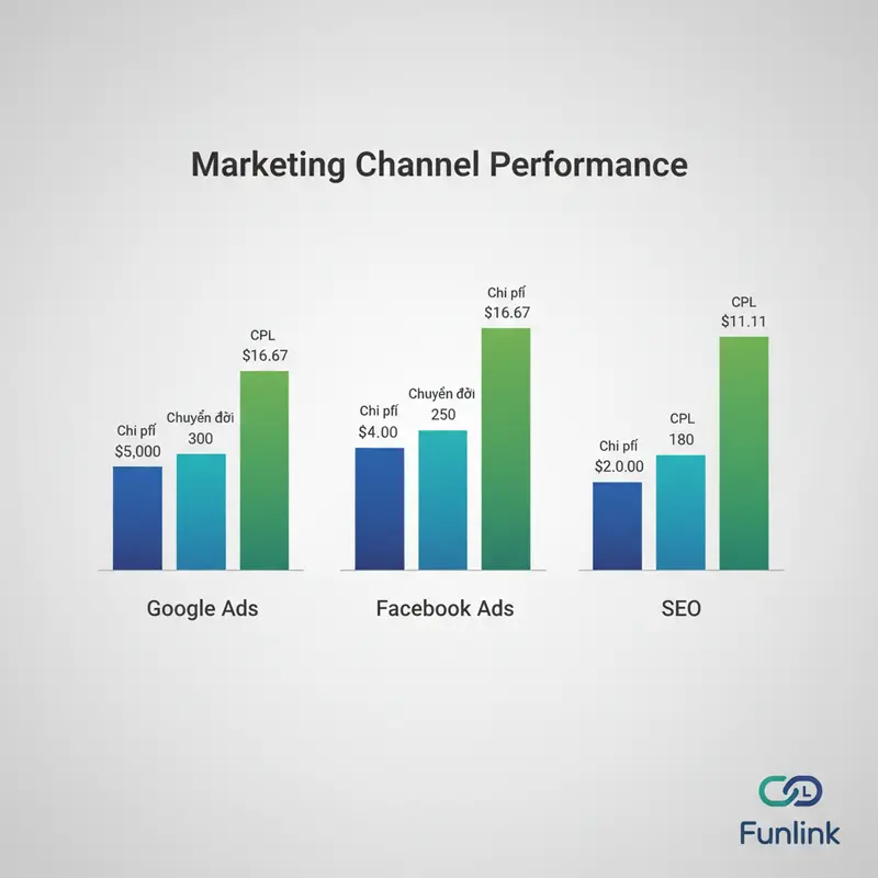 Cách làm báo cáo marketing - Biểu đồ cột so sánh hiệu suất các kênh marketing về chi phí và chuyển đổi.