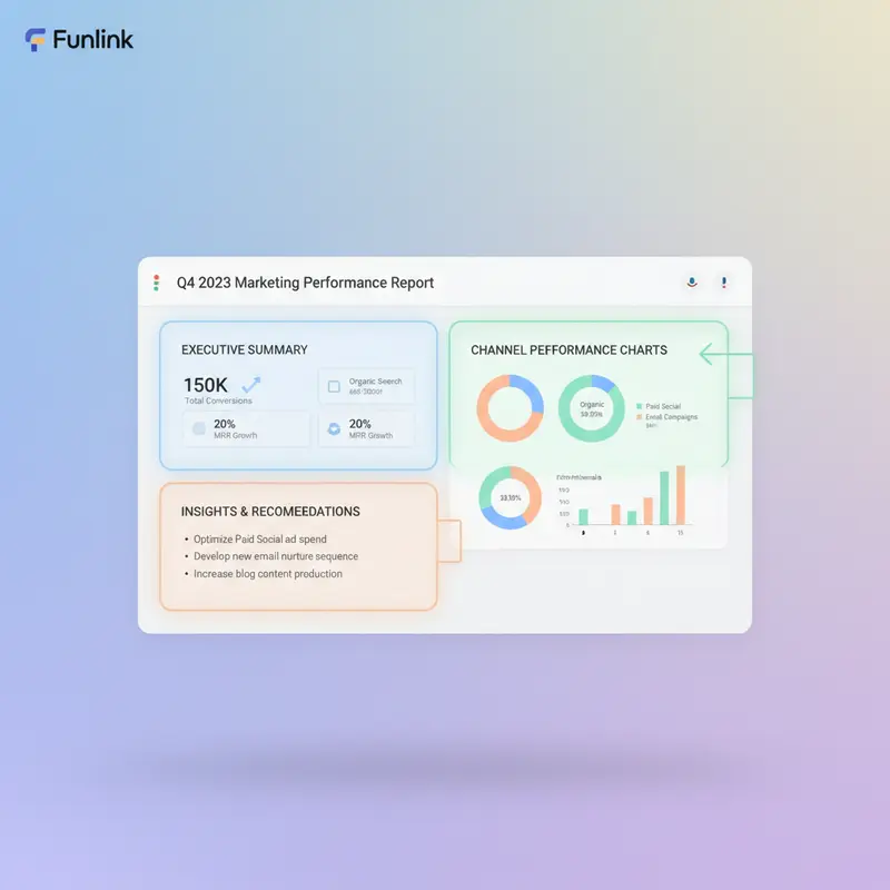 Cách làm báo cáo marketing - Mẫu dashboard trên Google Looker Studio với các khu vực báo cáo chính.