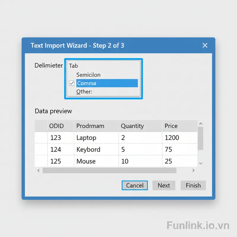 Chọn đúng Delimiter (dấu phân cách) để tách cột khi mở file CSV trong Excel.