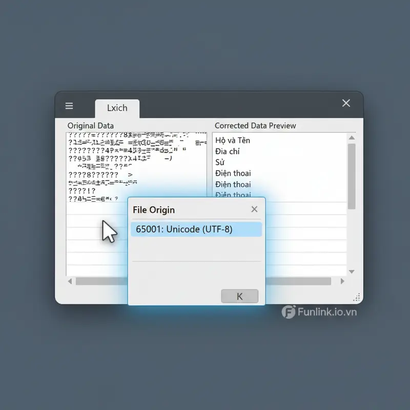 Chọn File Origin là UTF-8 để sửa lỗi font khi mở file CSV trong excel.