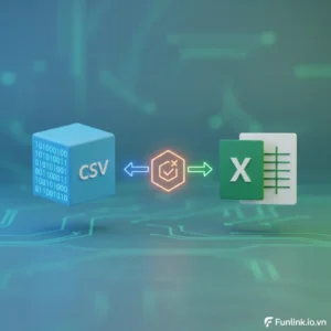 Cách mở file CSV trong Excel không bị lỗi font và dồn cột, với logo Excel và icon file CSV.