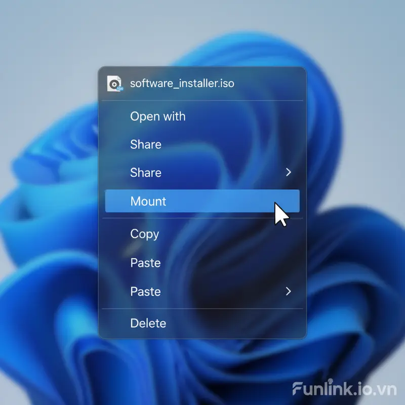 Hướng dẫn cách mở file iso bằng cách chuột phải vào file và chọn Mount trên Windows.