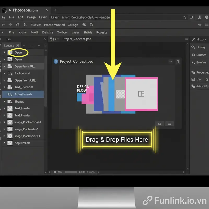 Cách mở file PSD không cần Photoshop bằng công cụ online Photopea, hiển thị giao diện kéo thả file.
