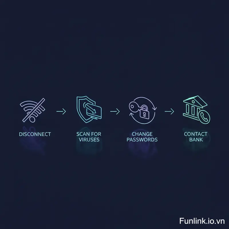 Sơ đồ các bước cần làm sau khi lỡ click vào link lừa đảo: ngắt mạng, quét virus, đổi mật khẩu và liên hệ ngân hàng.