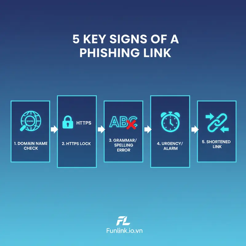Infographic tóm tắt 5 cách nhận biết link lừa đảo: kiểm tra tên miền, HTTPS, lỗi chính tả, cảnh giác khẩn cấp và link rút gọn.