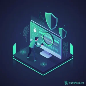 Một chuyên gia an ninh mạng đang dùng kính lúp để soi một đường link lừa đảo trên màn hình máy tính.