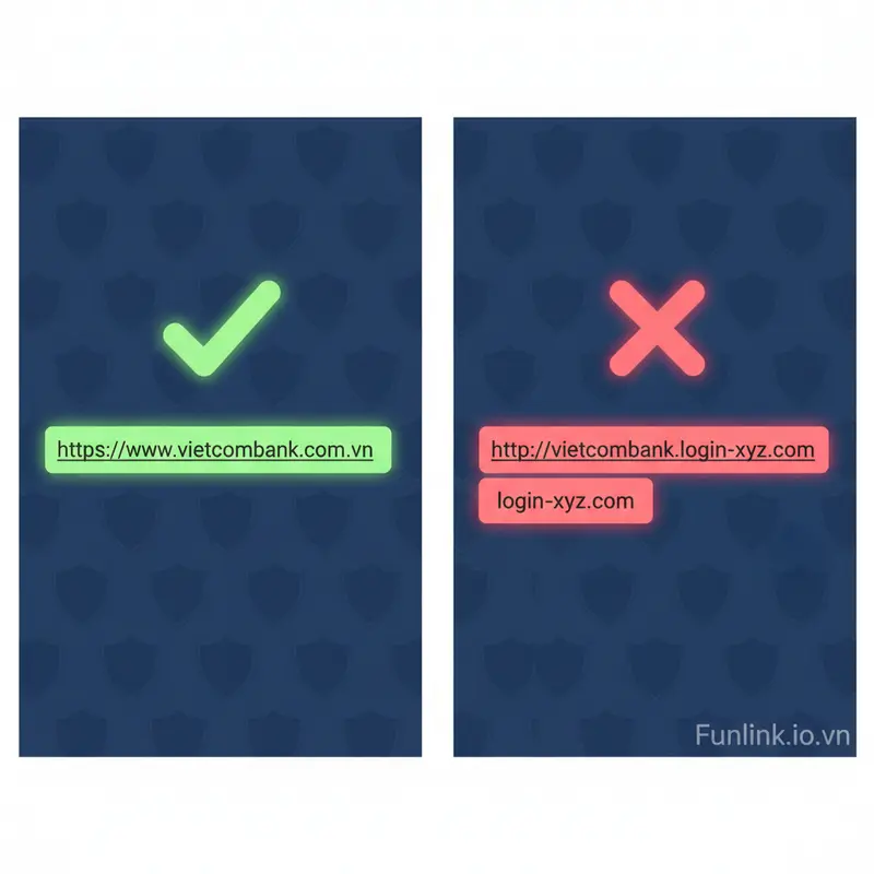 Ví dụ so sánh cách nhận biết link lừa đảo qua tên miền thật (vietcombank.com.vn) và tên miền giả (vietcombank.login-xyz.com).
