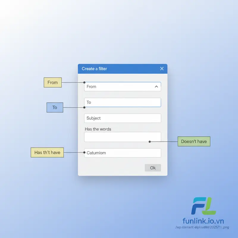 Các điều kiện quan trọng khi tạo bộ lọc trong Gmail như From, Subject, Has the words.