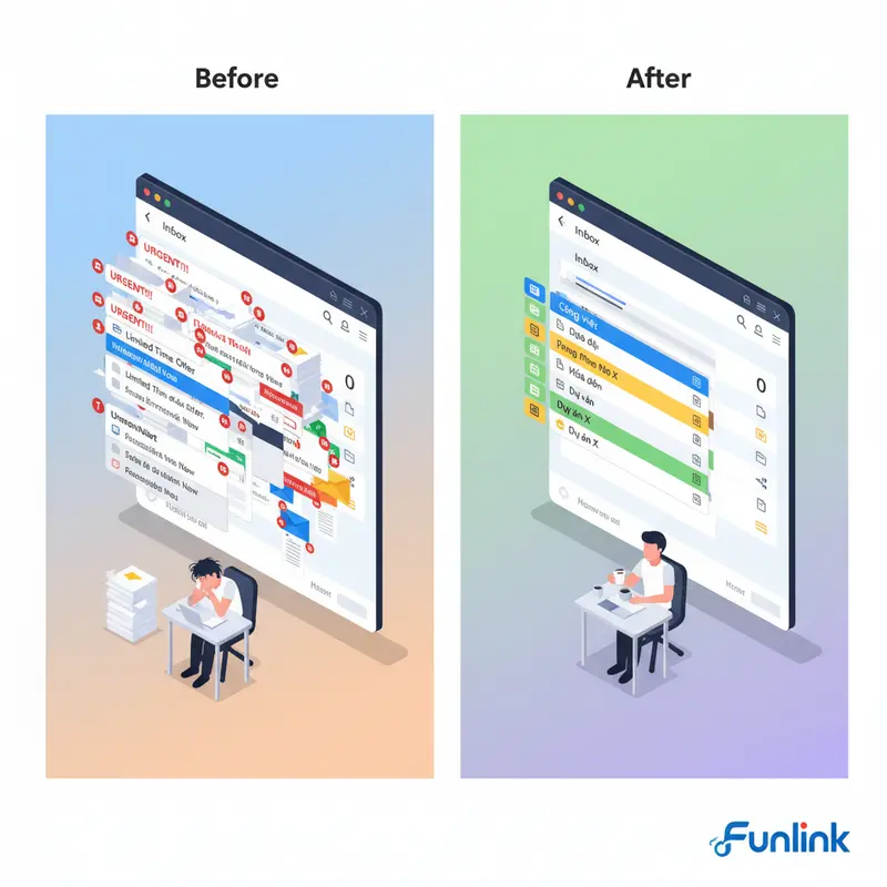 Cách tạo bộ lọc và nhãn trong gmail - so sánh hộp thư trước và sau khi sắp xếp khoa học.