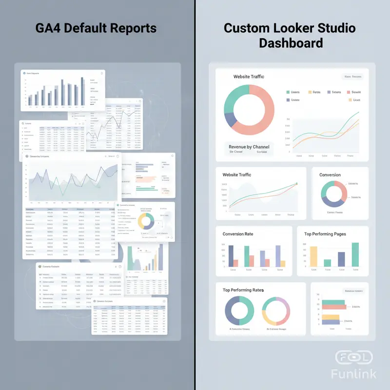 So sánh báo cáo GA4 mặc định và dashboard Looker Studio để thấy cách tạo dashboard báo cáo website hiệu quả hơn.