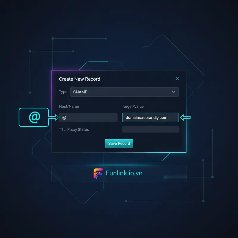 Giao diện mẫu hướng dẫn cách tạo link rút gọn bằng tên miền riêng thông qua việc cấu hình CNAME record trong trang quản trị DNS.