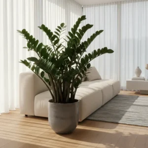 Một chậu cây kim tiền lớn với tán lá xanh bóng khỏe mạnh đặt trong phòng khách hiện đại.