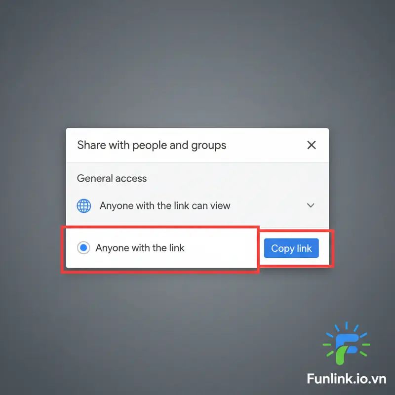 Các bước sao chép link sau khi upload file lên google drive và chọn quyền truy cập.