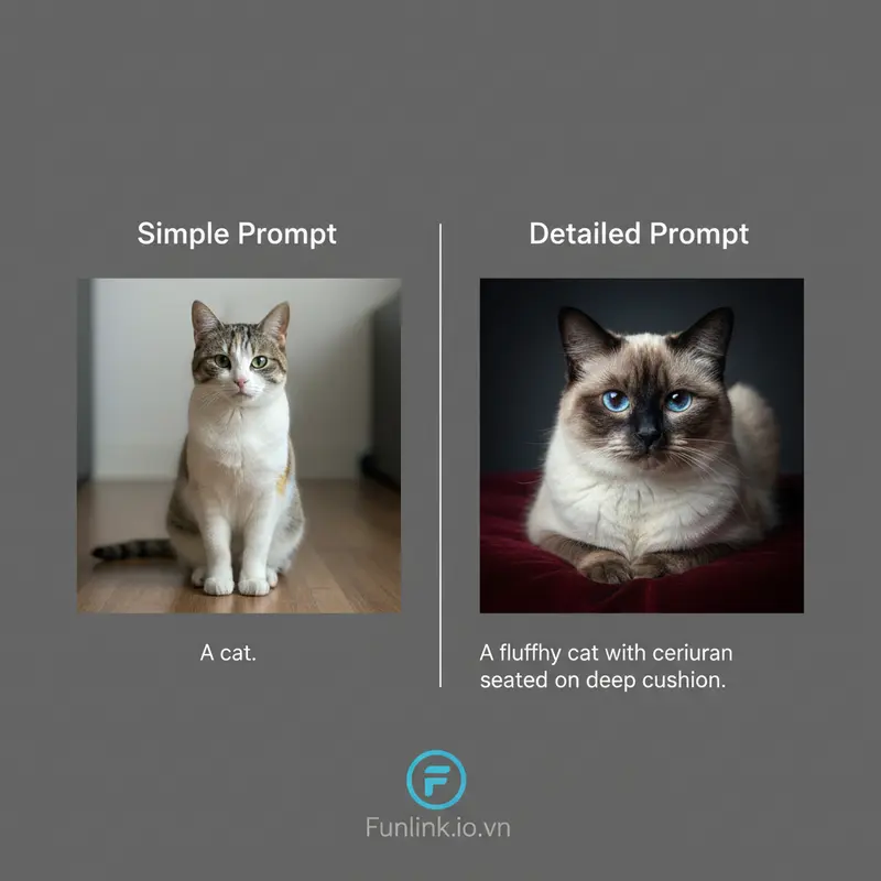 Cách viết prompt hiệu quả cho AI: so sánh hình ảnh tạo bởi Midjourney từ một prompt đơn giản và một prompt chi tiết.