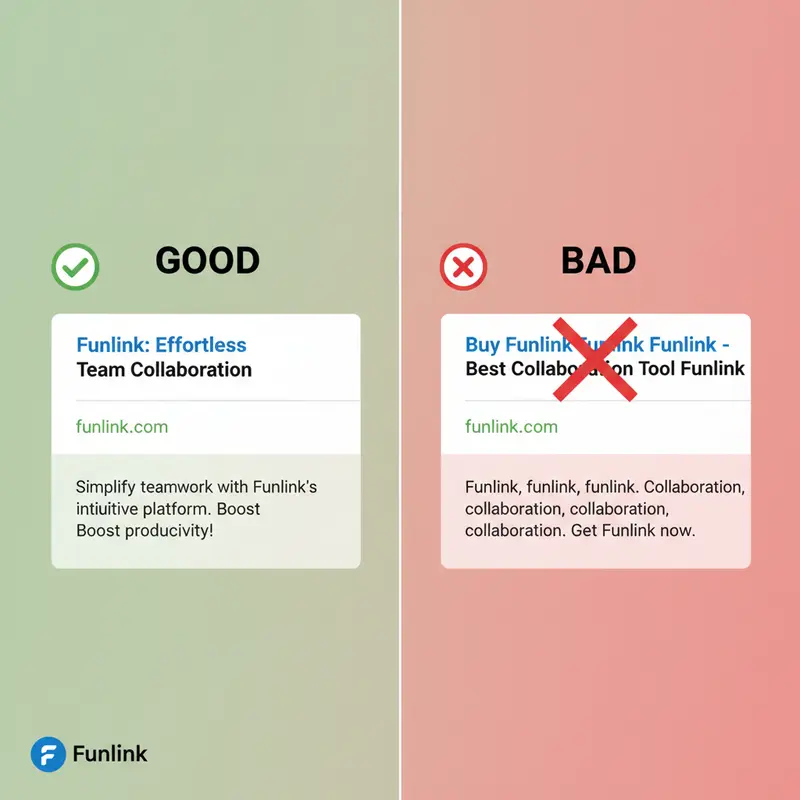 So sánh cách viết thẻ Title chuẩn SEO (tốt) và một tiêu đề bị nhồi nhét từ khóa (xấu).