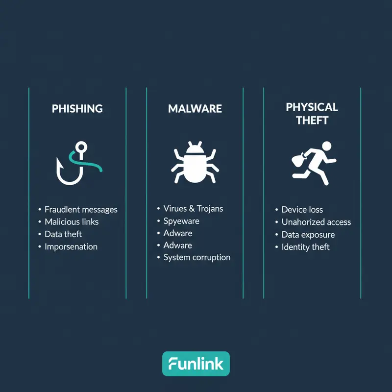 Infographic so sánh các mối đe dọa khi cài đặt bảo mật iPhone: Phishing, Malware và Mất cắp.