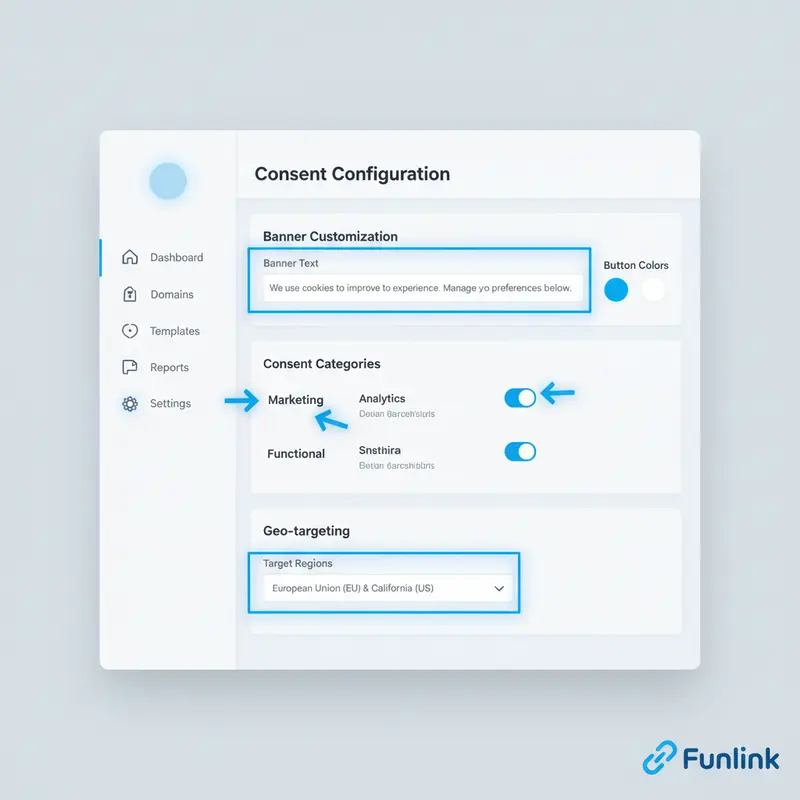 Giao diện cấu hình cài đặt cookie banner trên Cookiebot, với các tùy chọn tùy chỉnh quan trọng.