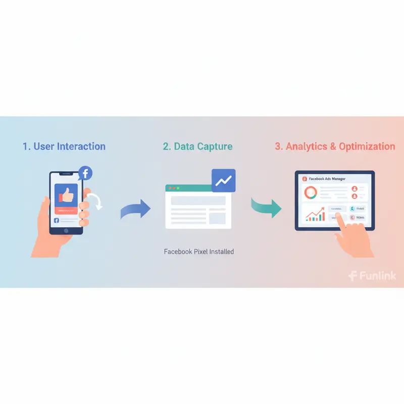 Sơ đồ luồng hoạt động của mã theo dõi Facebook Pixel giúp theo dõi chuyển đổi từ quảng cáo.