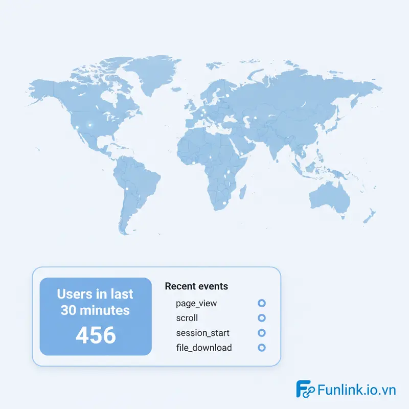 Báo cáo Realtime trong GA4 xác nhận việc cài đặt GA4 qua Google Tag Manager thành công.