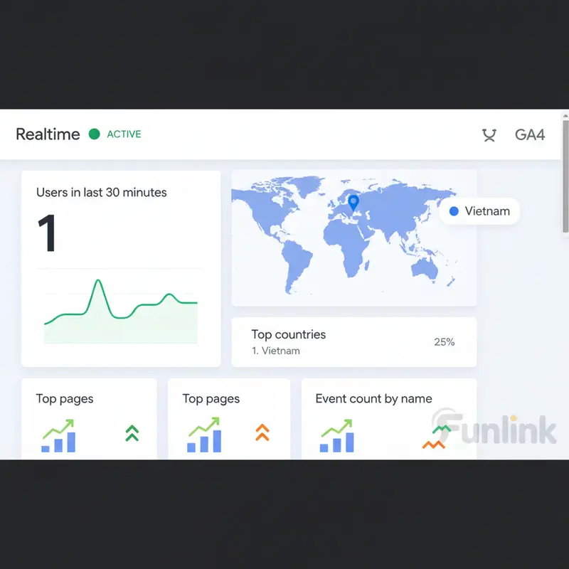 Kiểm tra cài đặt Google Analytics 4 thành công qua báo cáo Realtime.