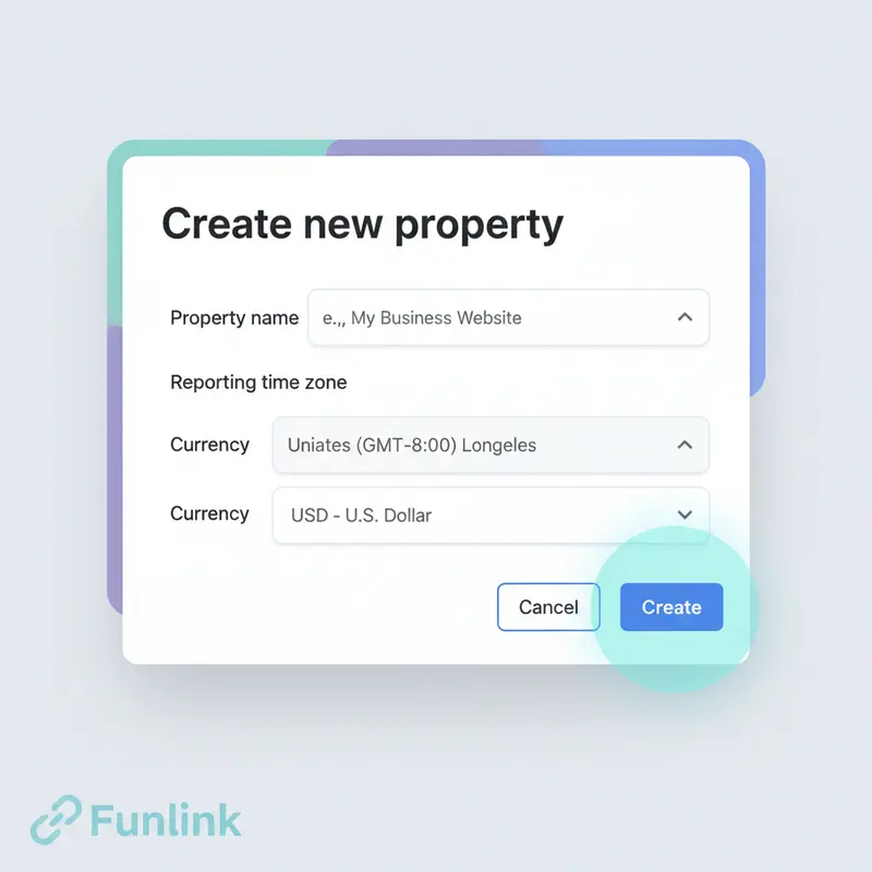 Giao diện tạo thuộc tính mới khi cài đặt google analytics 4 cho wordpress, với nút Create Property được làm nổi bật.