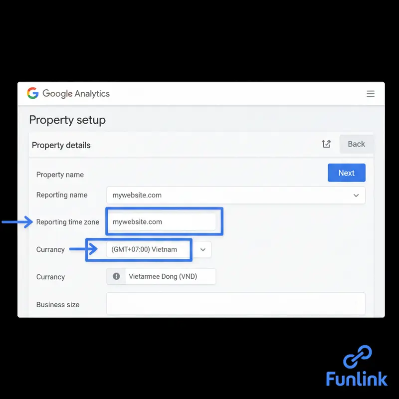 Giao diện thiết lập thuộc tính mẫu khi cài đặt Google Analytics 4.
