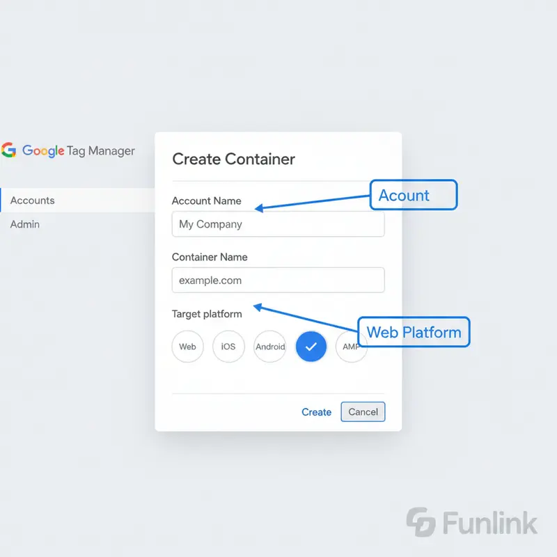 Giao diện tạo container mới sau khi cài đặt google tag manager, với các trường thông tin cần điền.