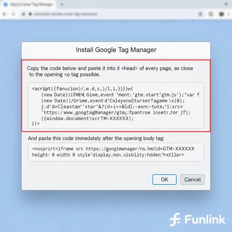 Hai đoạn mã cài đặt google tag manager cho thẻ head và body được cung cấp trong popup.