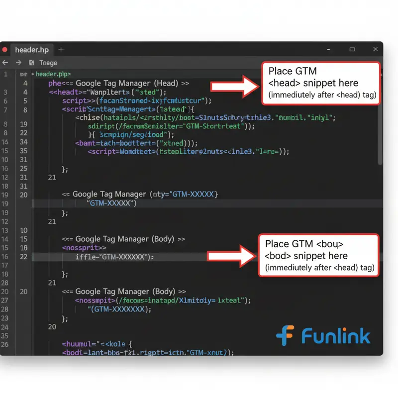 Vị trí chính xác để dán mã khi cài đặt google tag manager thủ công trong file header.php.